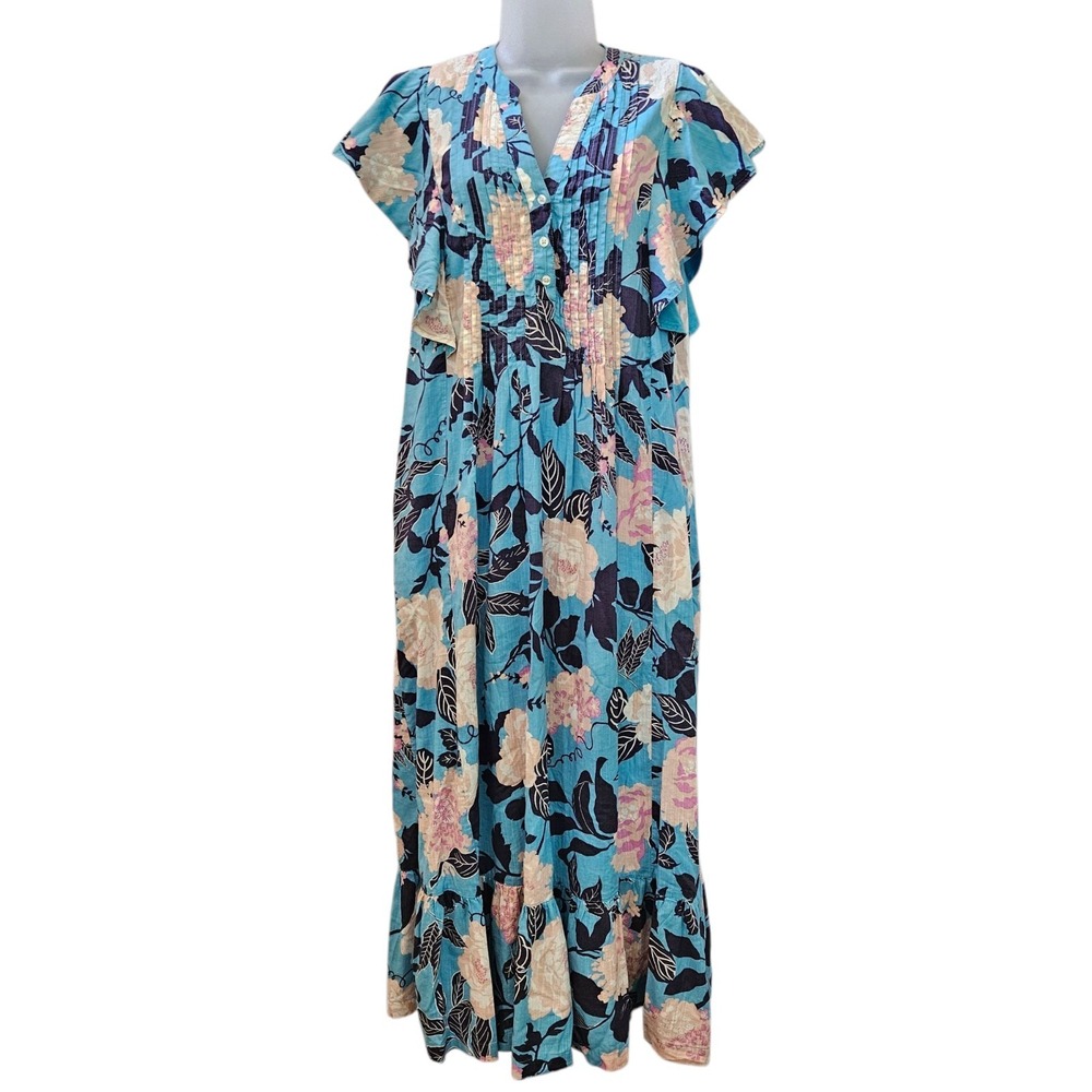 Anthropologie Maeve Dress XSP The Cassandra Maxi Blue Botanical Pintucked Boho